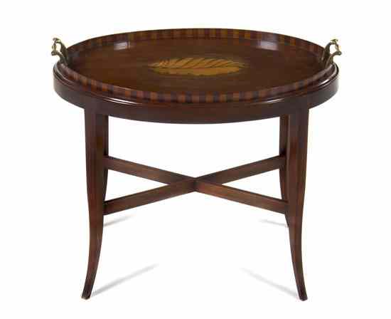 Appraisal: An English Mahogany and Fruitwood Inlaid Tray of galleried oval