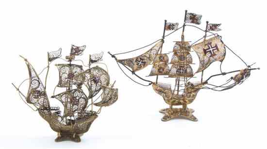 Appraisal: Two Enameled Wirework Models of Sailing Ships each depicting a