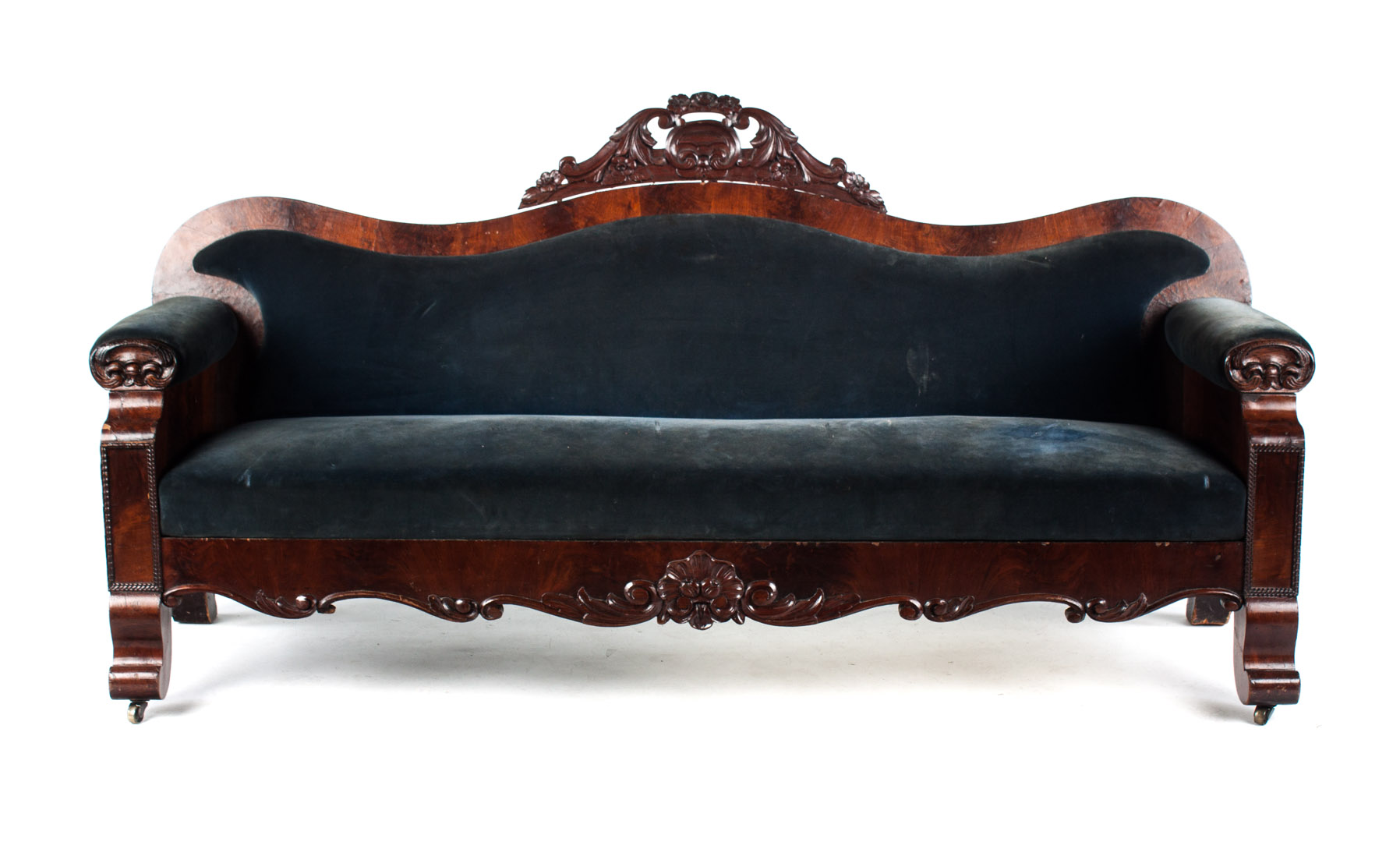 Appraisal: American Rococo walnut sofa mid- th century carved crest velvet