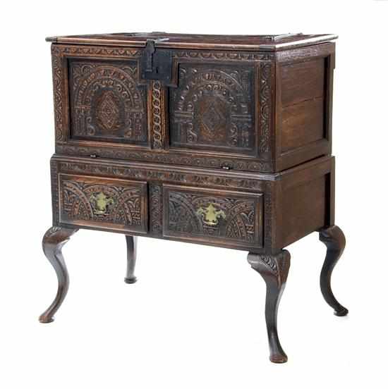 Appraisal: Jacobean style carved oak cabinet circa rectangular top with iron