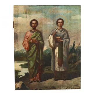 Appraisal: Large Russian Icon Depicting Saints Cosmas and Damian early th