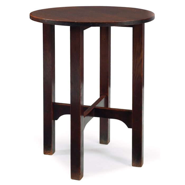 Appraisal: Gustav Stickley tea table circular top above a notched cross-stretcher