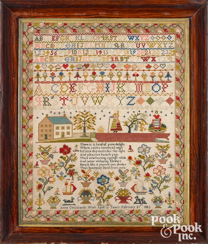 Appraisal: Large English wool on linen sampler dated Large English wool