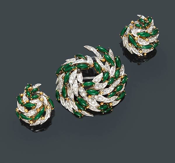 Appraisal: An enamel and diamond jewelry set comprising a brooch-pendant and