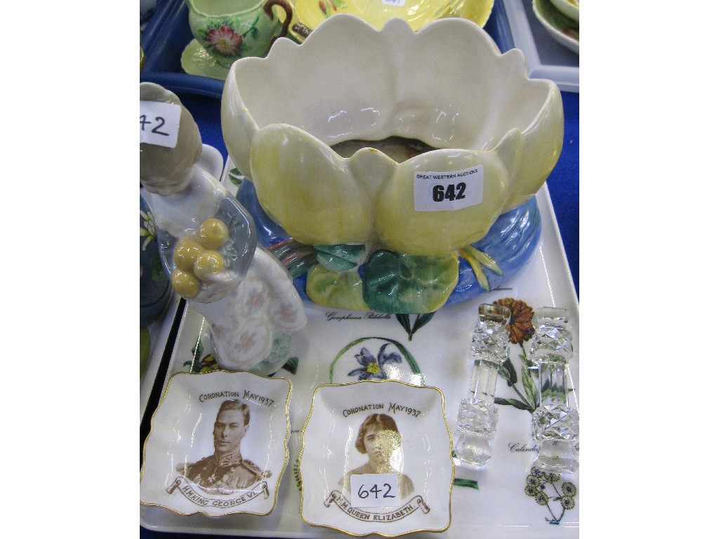 Appraisal: Clarice Cliff yellow waterlily planter Lladro figure two commemorative dishes