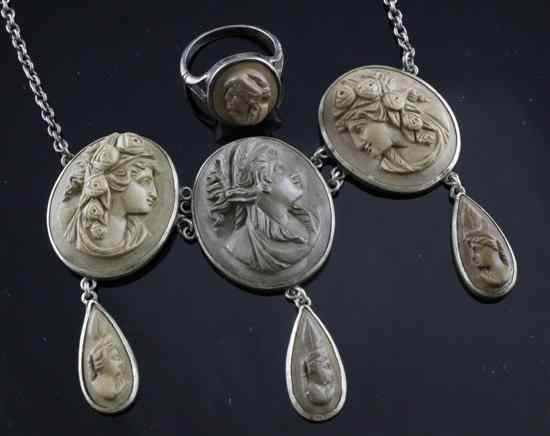 Appraisal: An Italian silver mounted lava cameo necklace and a matching