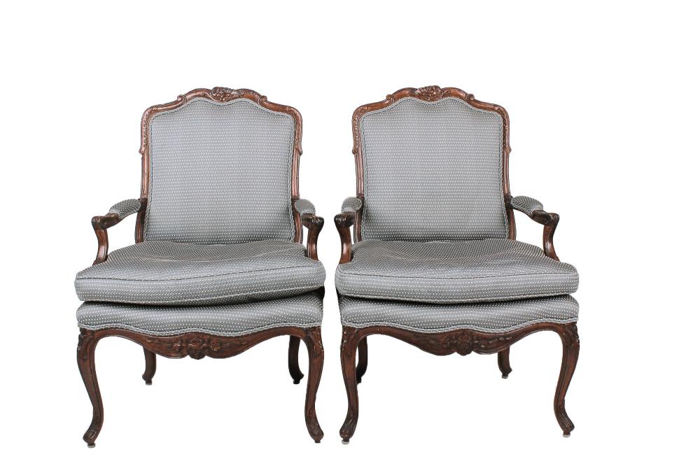 Appraisal: PAIR LOUIS XV PROVINCIAL STYLE FAUTEUILSblue and white upholstery Condition