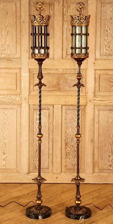 Appraisal: PAIR GILT IRON GLASS FLOOR LAMPS OSCAR BACH STYLE A