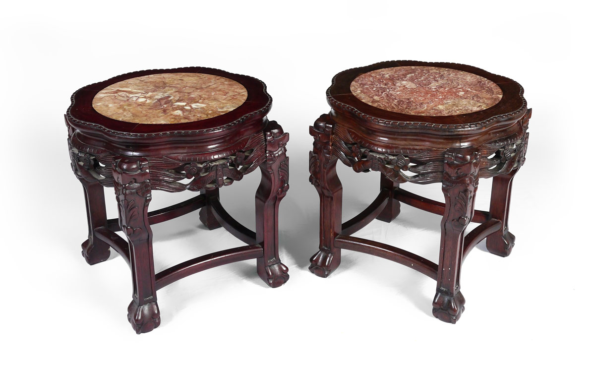 Appraisal: ROSEWOOD CHINESE MARBLE TOP STANDS Marble inset shaped tops carved