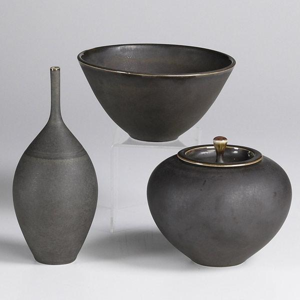 Appraisal: STEPHEN MERRITT Three pieces of white stoneware in matte iron