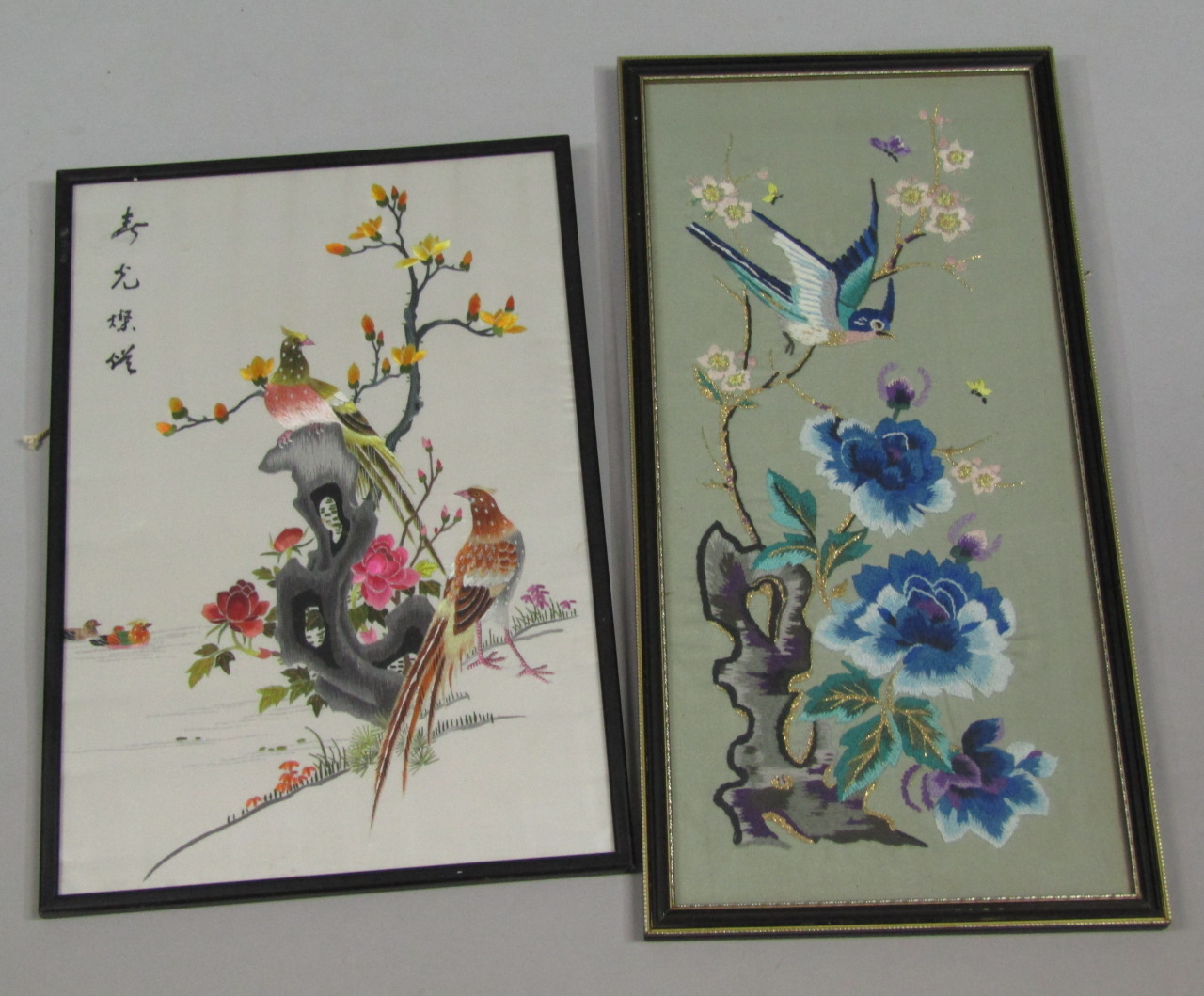 Appraisal: thC Chinese School Exotic birds on tree silk works signed