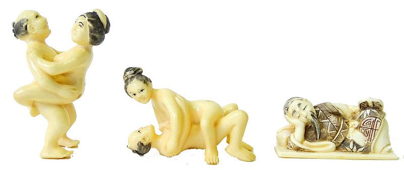 Appraisal: Three Chinese Carved Netsuke Erotic Three Chinese Carved Ivory Netsuke