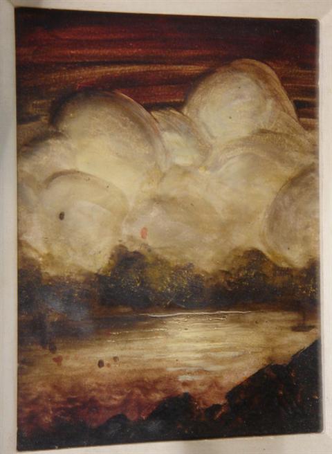 Appraisal: Anonymous th c acrylic on masonite lake landscape in brown