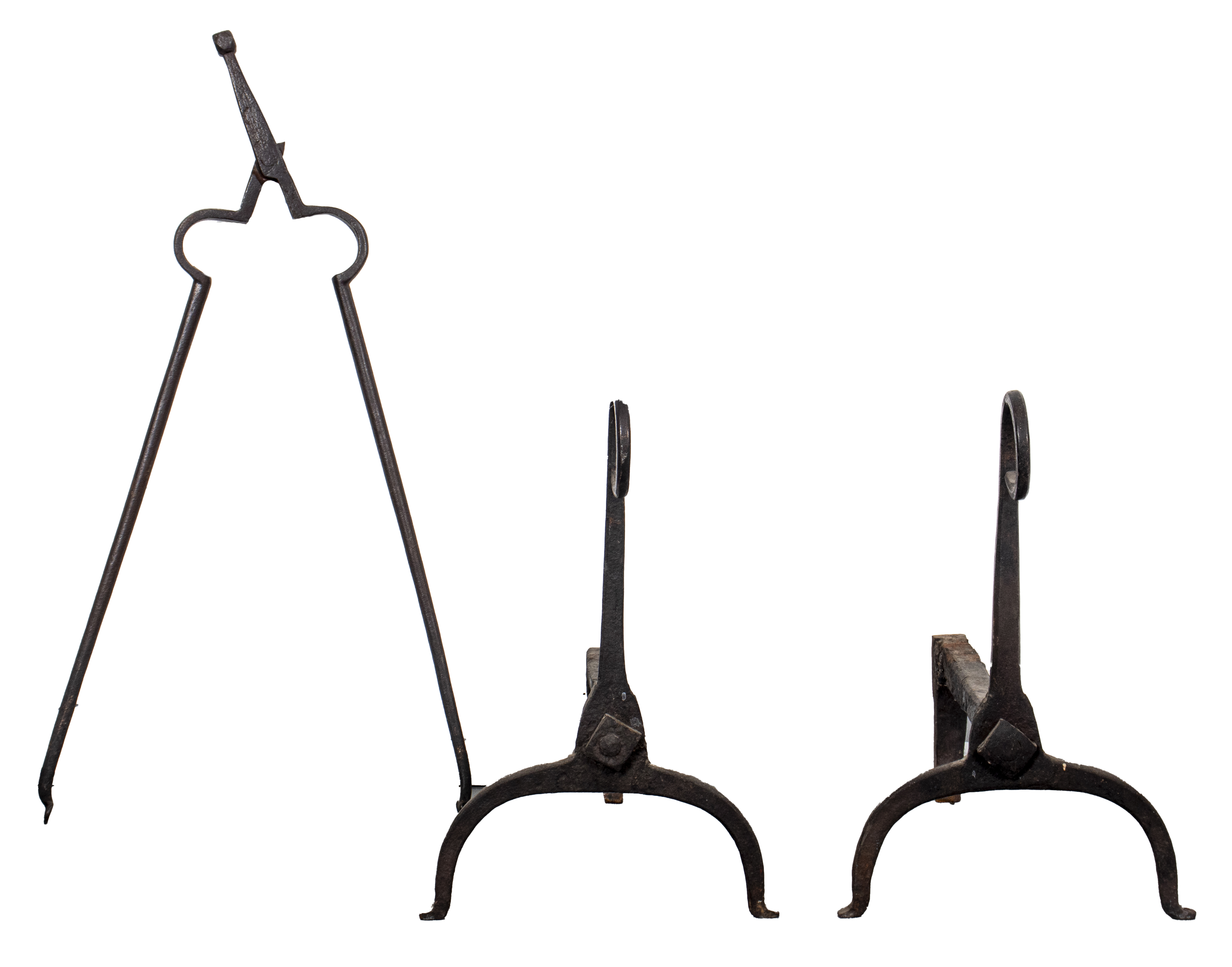 Appraisal: WROUGHT IRON ANDIRONS AND FIREPLACE TONGS Set of wrought iron