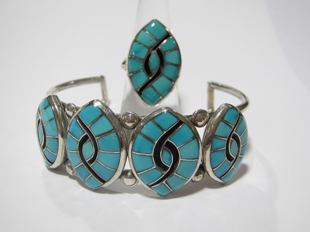 Appraisal: American Indian Zuni Hummingbird design silver and turquoise bangle with