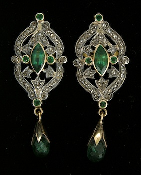 Appraisal: Georgian-Inspired Emerald and Diamond Earrings Elegant open design in sterling