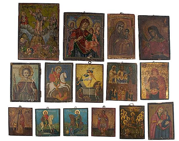 Appraisal: LOT OF FIFTEEN TH-CENTURY RELIGIOUS ICONS Continental all oil on