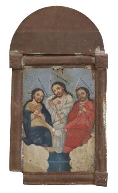 Appraisal: Framed oil on tin retablo La Santa Trinidad The Trinity