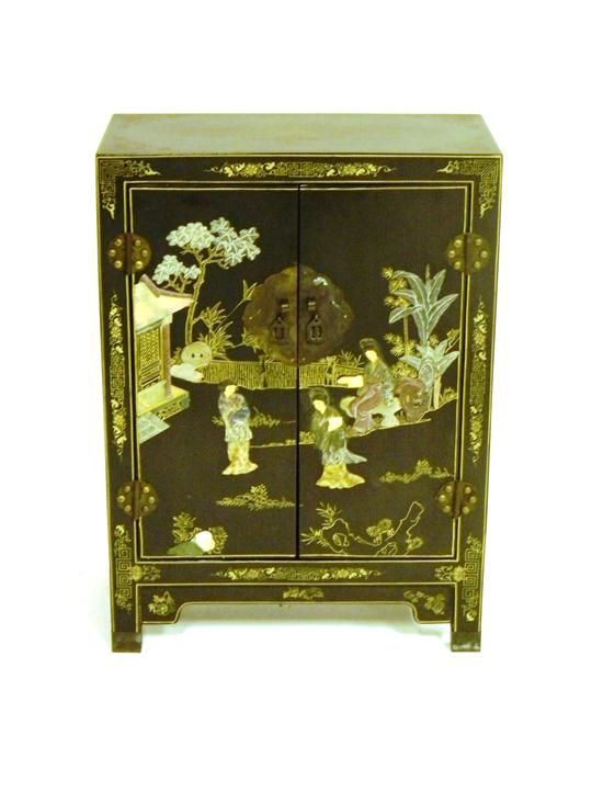 Appraisal: Asian lacquer cabinet with elaborate polychrome stone insets intricately carved