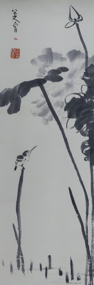 Appraisal: Japanese Bird with Lotus Flowers Scroll Painting ''x '' Image