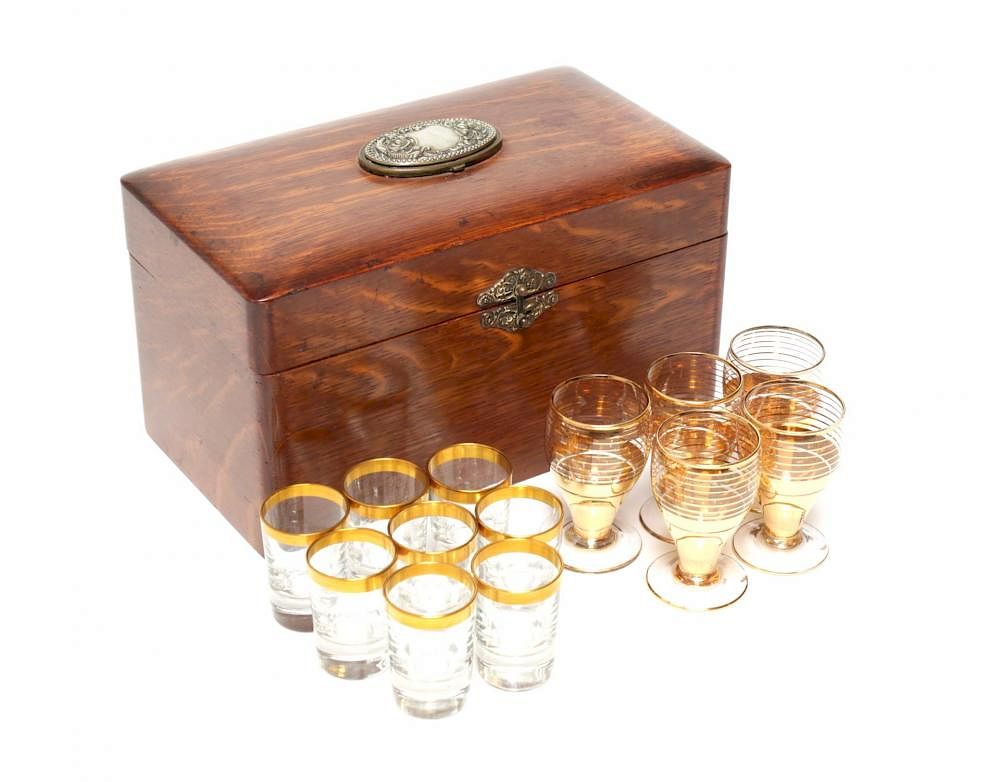 Appraisal: Antique Oak Metal Boxed Drinking Glass Set Antique tantalus-like case