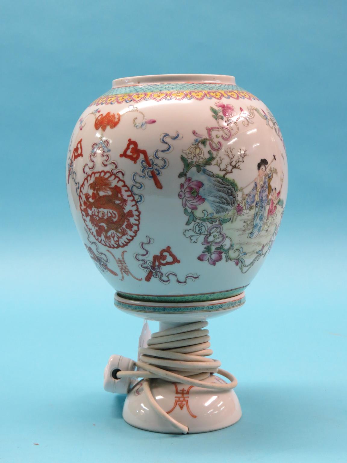 Appraisal: An unusual Chinese porcelain table lamp lamp painted with playful