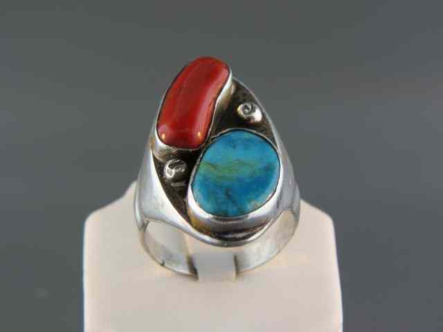 Appraisal: Indian Sterling Turquoise Coral Ring man's signed grams