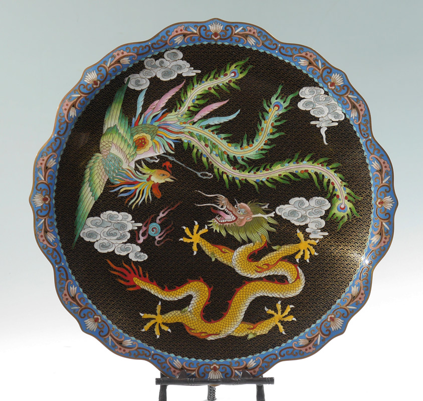 Appraisal: CHINESE DRAGON CLOISONNE CHARGER Scalloped edge with blue border black