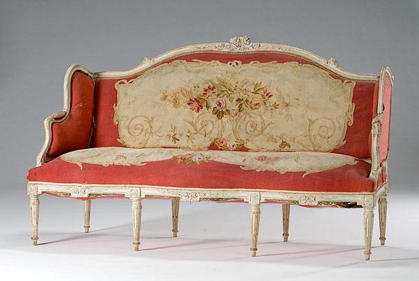 Appraisal: LOUIS XV-STYLE SETTEE WITH AUBUSSON TAPESTRY UPHOLSTERY French early th