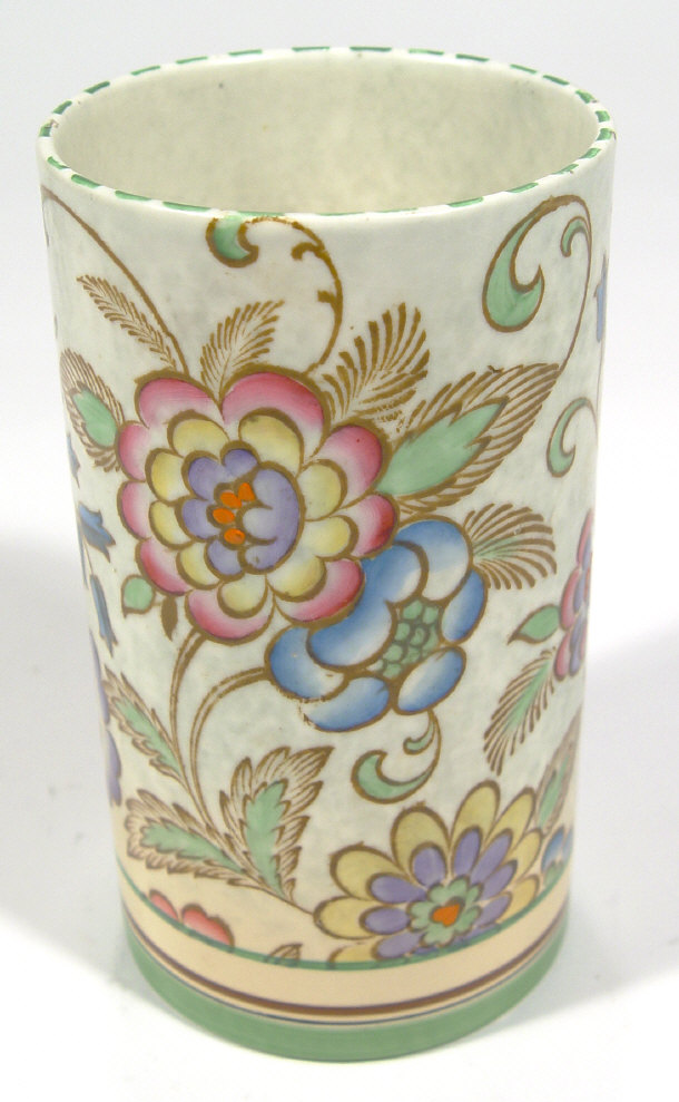 Appraisal: Charlotte Rhead style cylindrical pottery vase hand painted with flowers