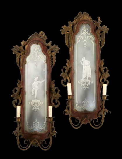 Appraisal: Pair of Venetian Carved Parcel-Gilt and Antique-Red-Painted Wood Gilt-Wrought-Iron and