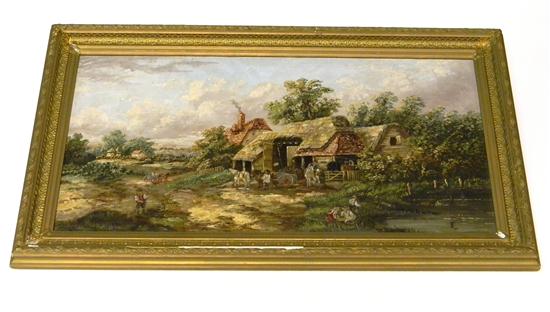 Appraisal: th C oil on canvas landscape features several figures carts