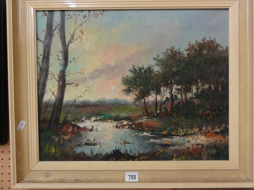 Appraisal: An oil painting on canvas of a landscape with lake