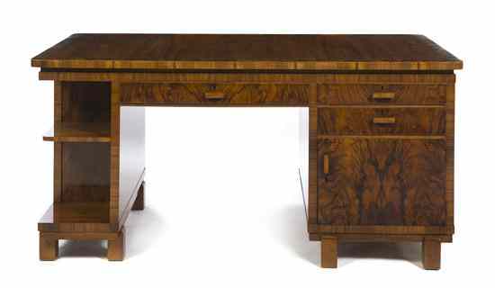 Appraisal: An Art Deco Burlwood Pedestal Desk the rectangular top with