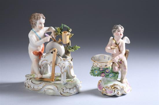 Appraisal: TWO MEISSEN-STYLE PORCELAIN FIGURES One modelled as putto holding a