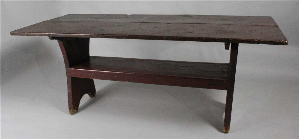 Appraisal: METAMORPHIC STAINED PINE TABLE TILT TOP BENCH TABLE with a