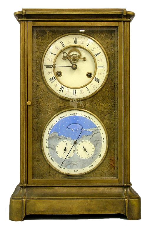 Appraisal: Reproduction brass two train calendar mantel clock the movement striking