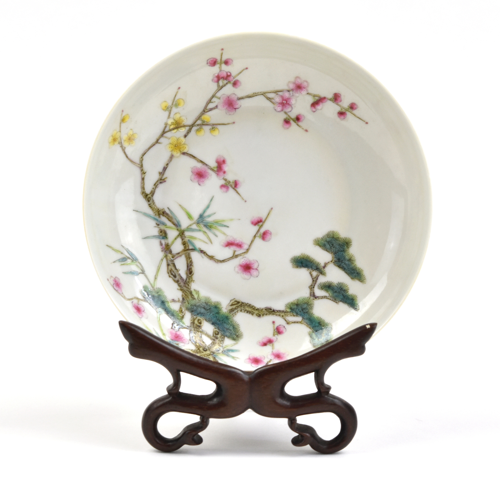 Appraisal: a famille rose plate decorated with blossom peonies flowers bamboo