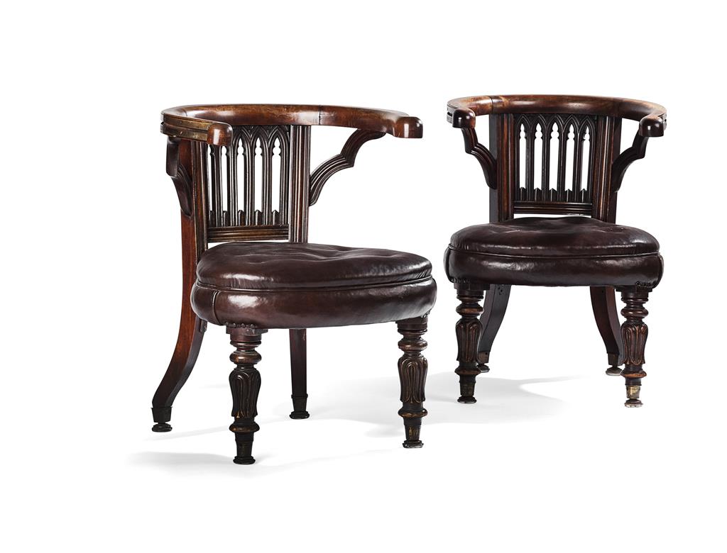 Appraisal: PAIR OF REGENCY MAHOGANY LEATHER UPHOLSTERED 'GOTHIC' LIBRARY READING CHAIRS