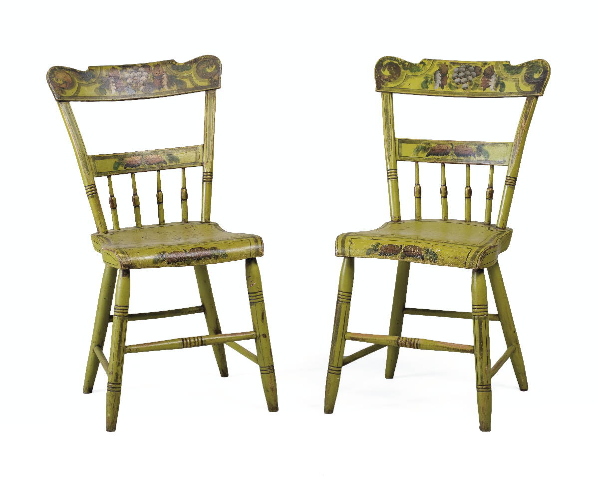 Appraisal: SET OF SIX PENNSYLVANIA LIME GREEN-PAINTED AND FRUIT-DECORATED PLANK SEAT