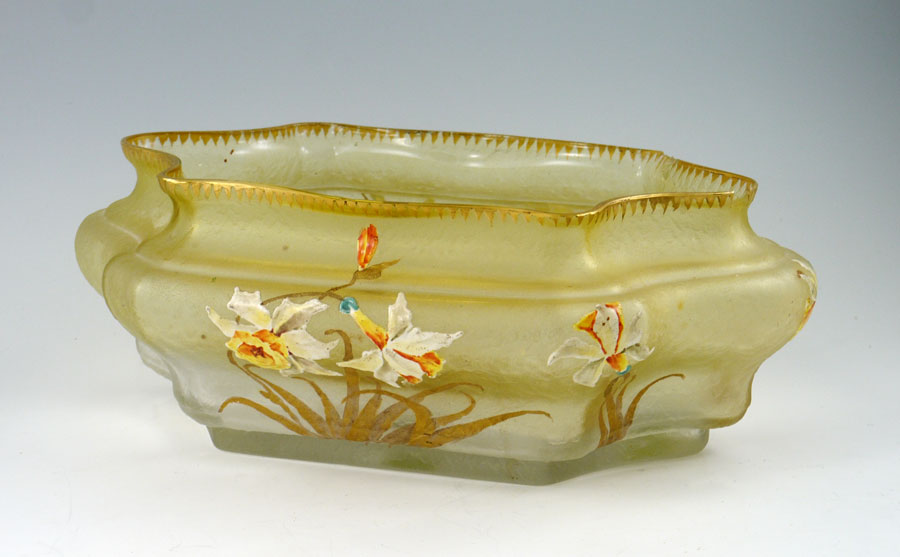 Appraisal: MONT JOYE ART GLASS CONSOLE BOWL Enameled daffodil flower decoration