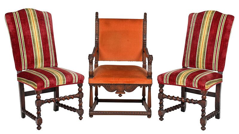 Appraisal: Pair Baroque Walnut Side Chairs Carved Armchair Continental th and