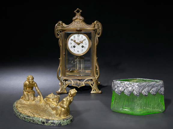 Appraisal: Good French Art Nouveau Gilt- and Rose-Gilt-Spelter Mantel Clock first