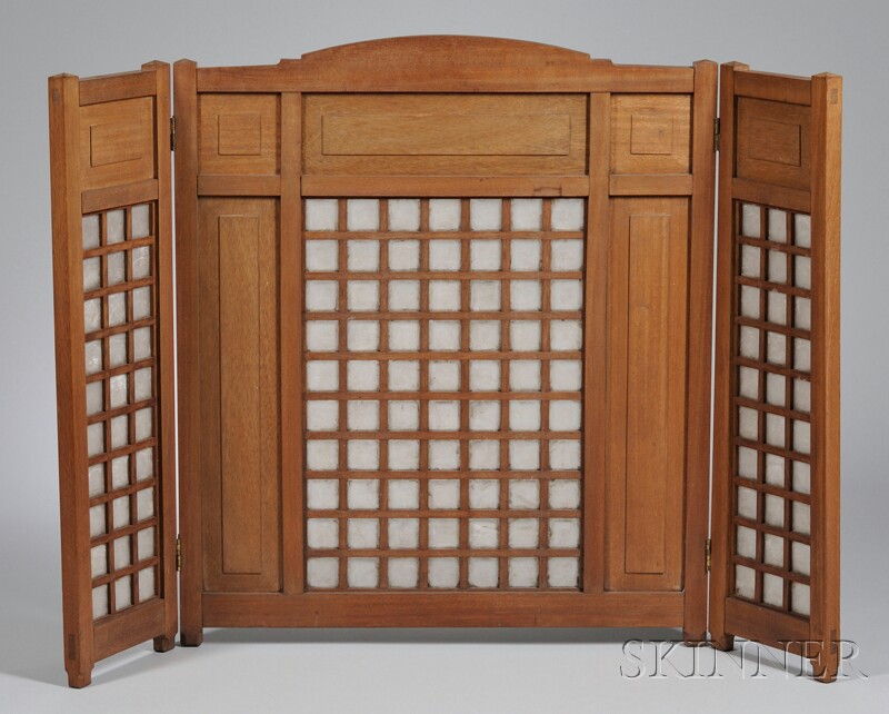 Appraisal: Norton Harrison Co Arts Crafts Mother-of-pearl-inset Mahogany Three-panel Fireplace Screen