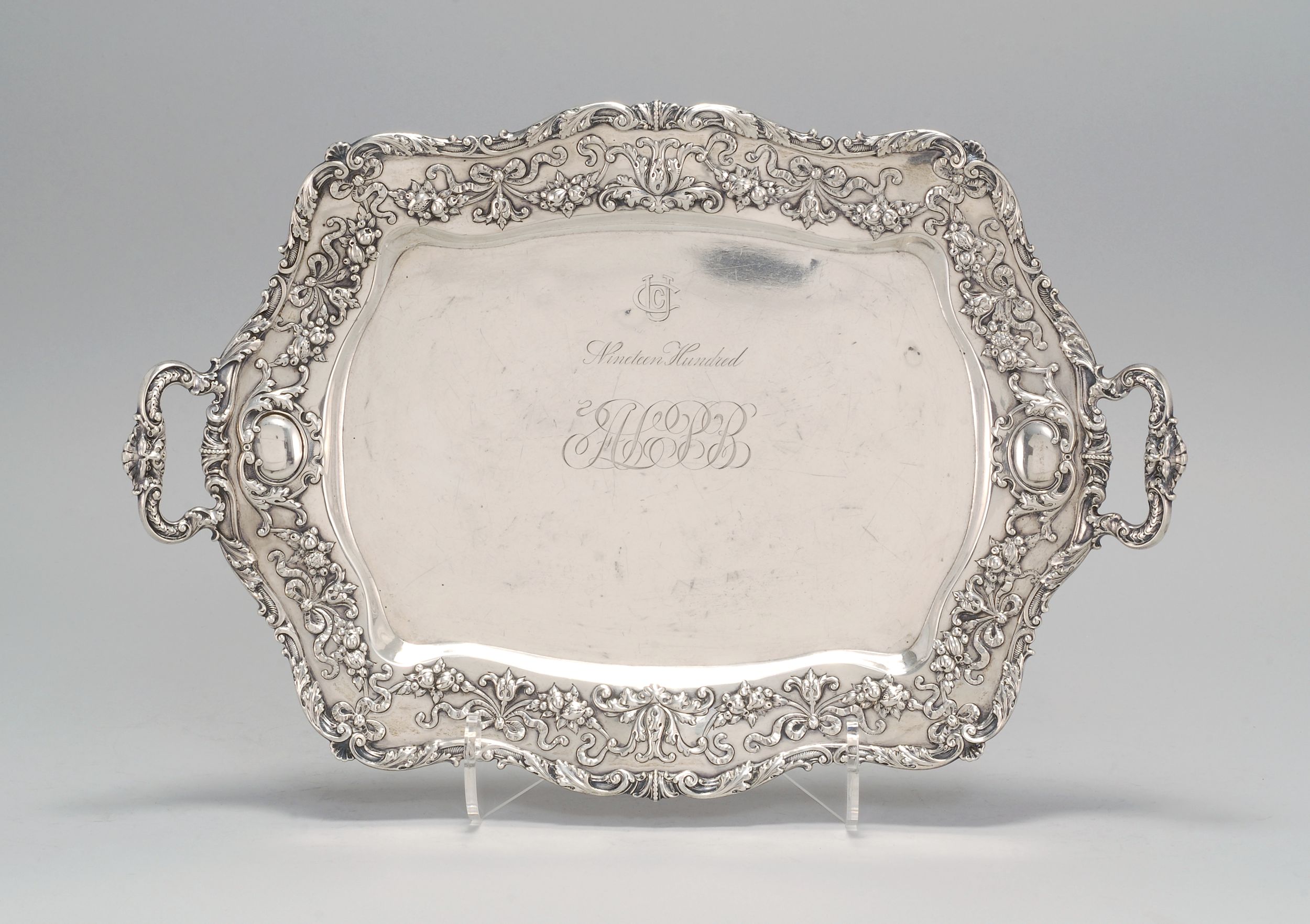 Appraisal: GORHAM STERLING SILVER TWO-HANDLED TRAY Early th CenturyBorder with ribbon