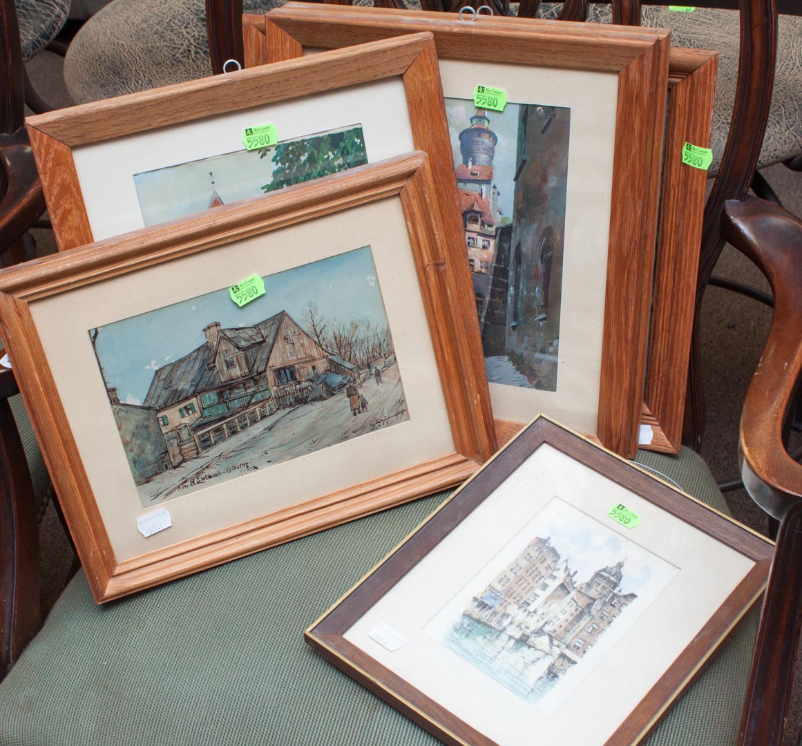 Appraisal: Five framed prints one oil on board