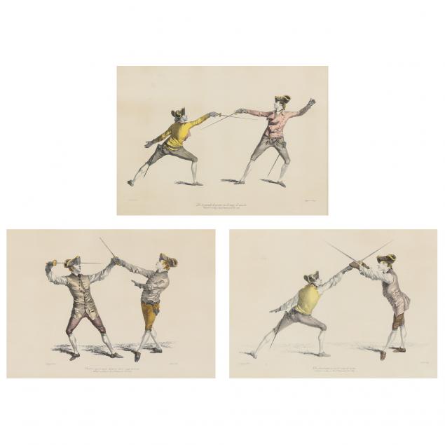 Appraisal: THREE ANTIQUE FRENCH FENCING PRINTS Hand-colored wood engravings circa after