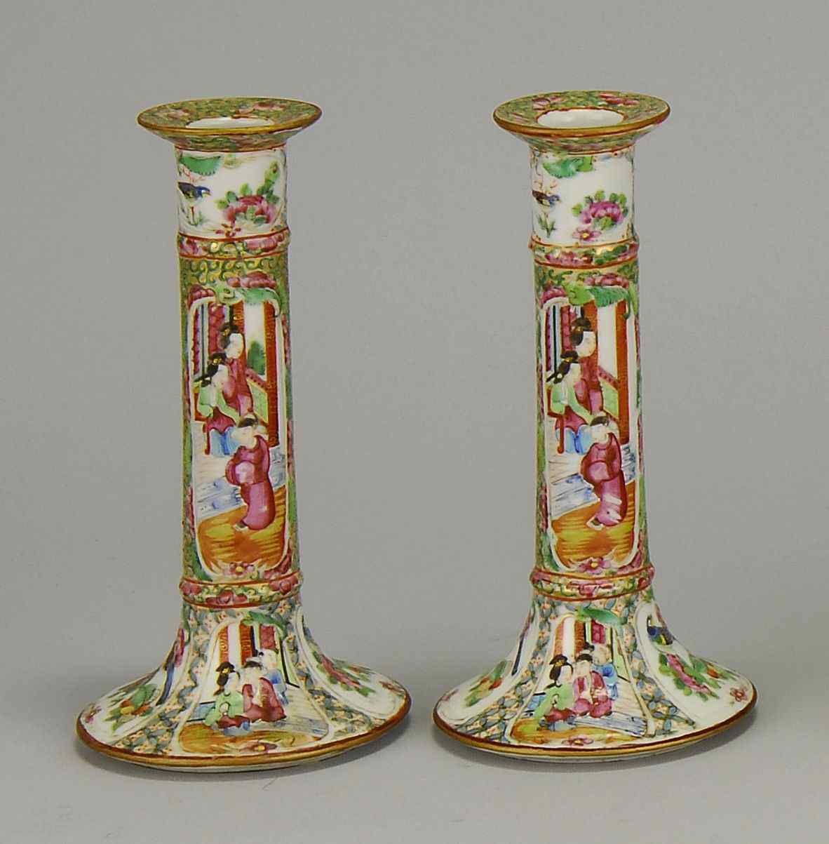 Appraisal: PAIR OF CHINESE EXPORT ROSE MEDALLION PORCELAIN CANDLESTICKSMid- th CenturyHeight