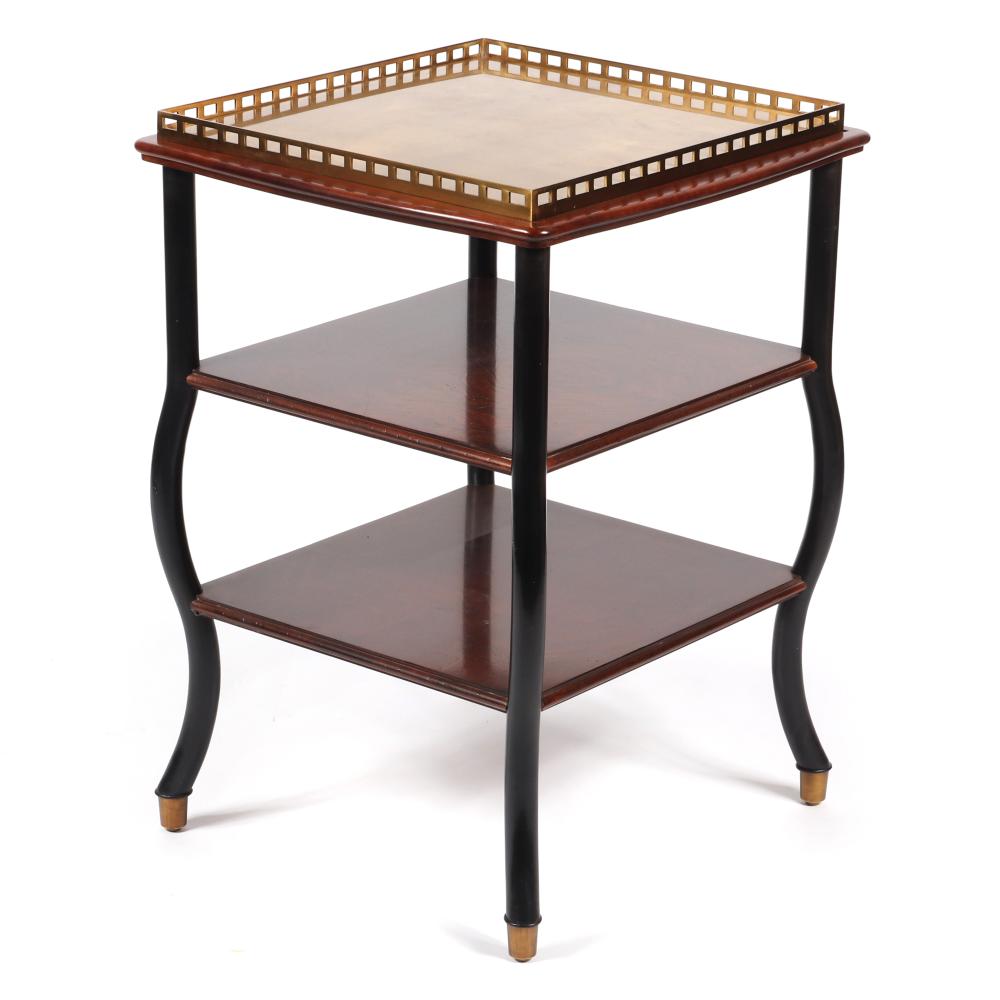 Appraisal: TWO TIER DESIGNER OCCASIONAL TABLE WITH EBONY SERPENTINE LEGS BURLWOOD