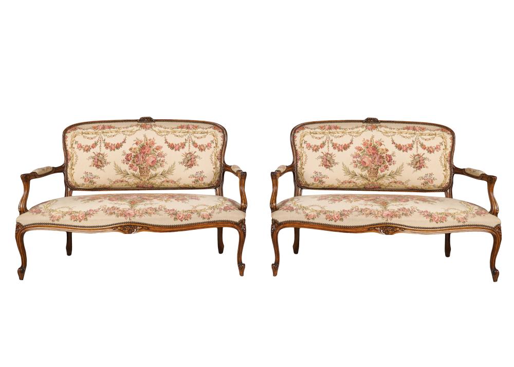 Appraisal: PAIR OF FRENCH PROVINCIAL-STYLE CANAPES th century covered with tapestry-style